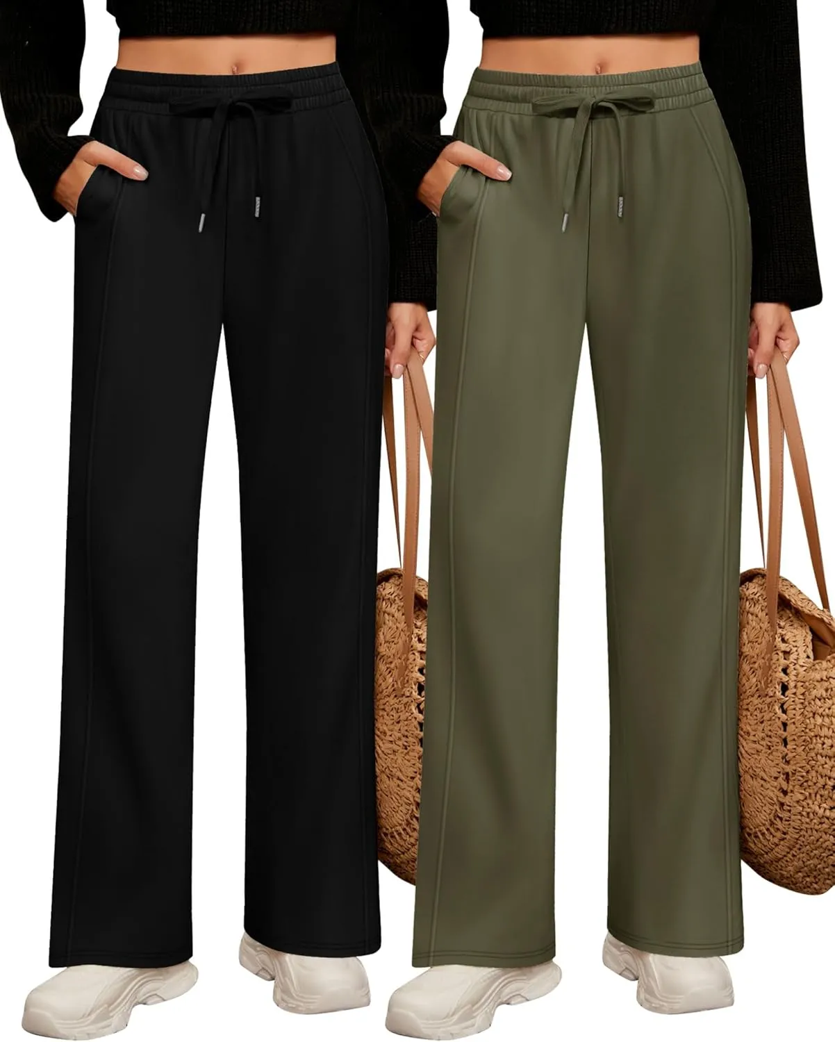 2 Pack Women's Wide Leg Pants Casual Drawstring High Waist Sweatpants Baggy Trousers Joggers Pant with Pockets