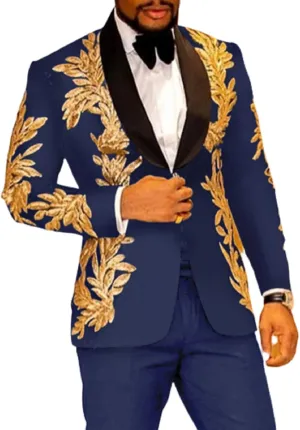 2 PCS Mens Sequins Embroidery Suits Solid Slim Fit Shawl Collar Work Wedding Tuxedo Jacket Pant Sets