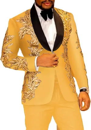 2 PCS Mens Sequins Embroidery Suits Solid Slim Fit Shawl Collar Work Wedding Tuxedo Jacket Pant Sets