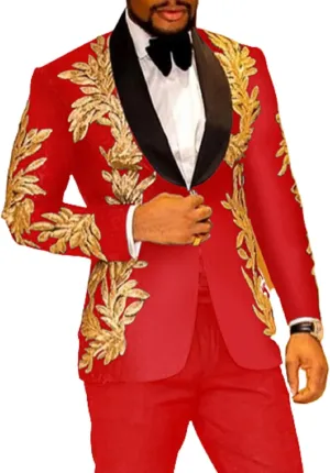 2 PCS Mens Sequins Embroidery Suits Solid Slim Fit Shawl Collar Work Wedding Tuxedo Jacket Pant Sets