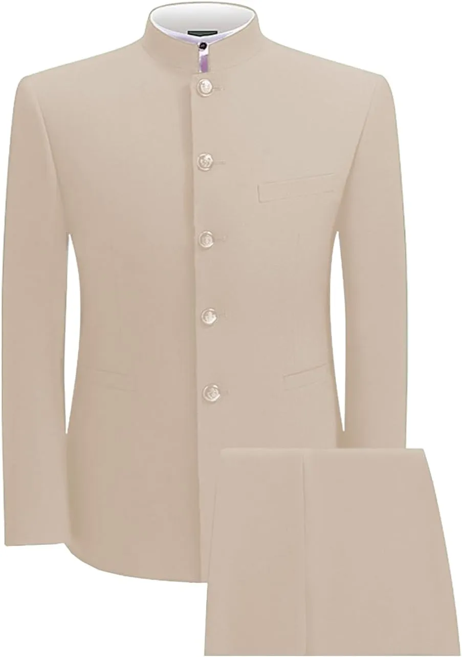 2 Piece Men's Chinese Suit Chinese Stand Collar Slim Fit Suits Front Button Blazer Pant Set