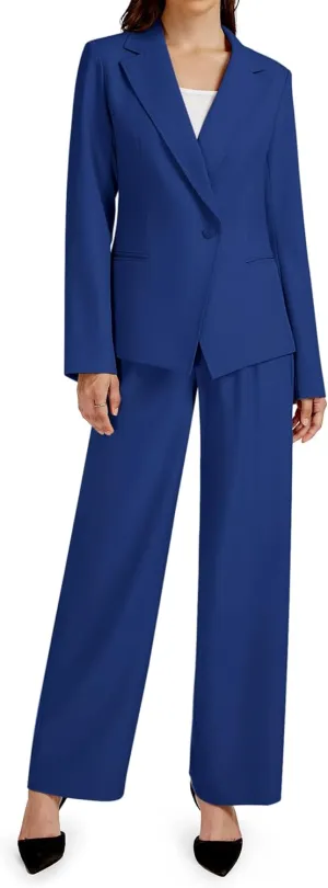 2 Piece Outfits for Women Business Casual Asymmetrical Blazer Jacket and Wide Leg Pants Matching Suit Sets