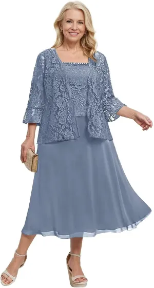 2 Pieces Mother of The Bride Dresses for Wedding 3/4 Sleeve Lace Appliques Chiffon Formal Evening Gown with Jacket