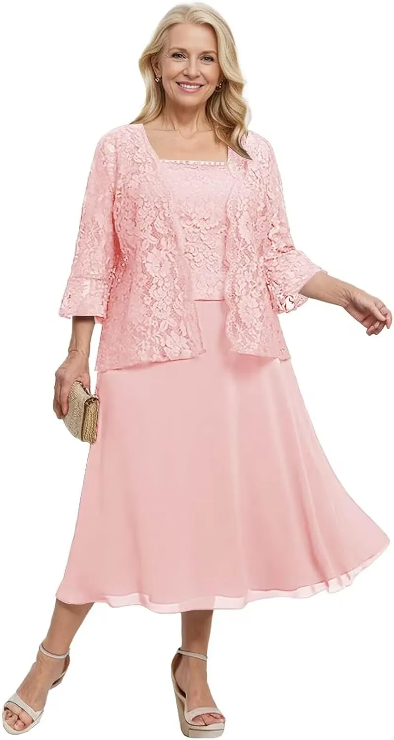 2 Pieces Mother of The Bride Dresses for Wedding 3/4 Sleeve Lace Appliques Chiffon Formal Evening Gown with Jacket