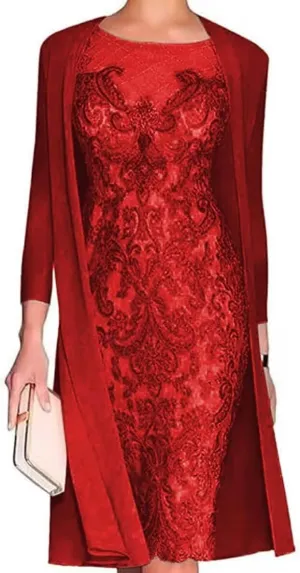 2 Pieces Mother of The Bride Dresses with Jacket Tea Length Laces Chiffon Formal Evening Gowns for Wedding Party Guest Red