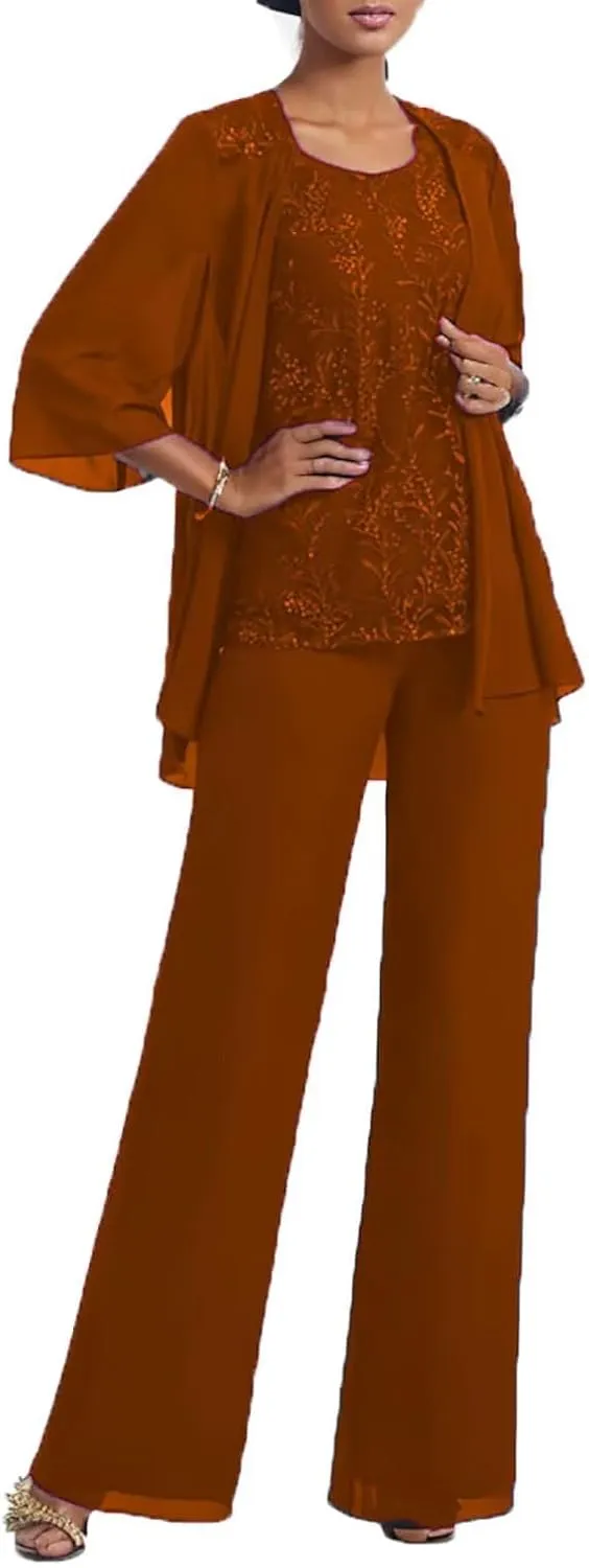 3 Pcs Mother of The Bride Pantsuits with Jacket Lace Applique Formal Pant Suit with Sleeves