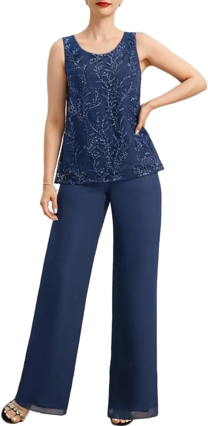 3 Pcs Mother of The Bride Pantsuits with Jacket Lace Applique Formal Pant Suit with Sleeves