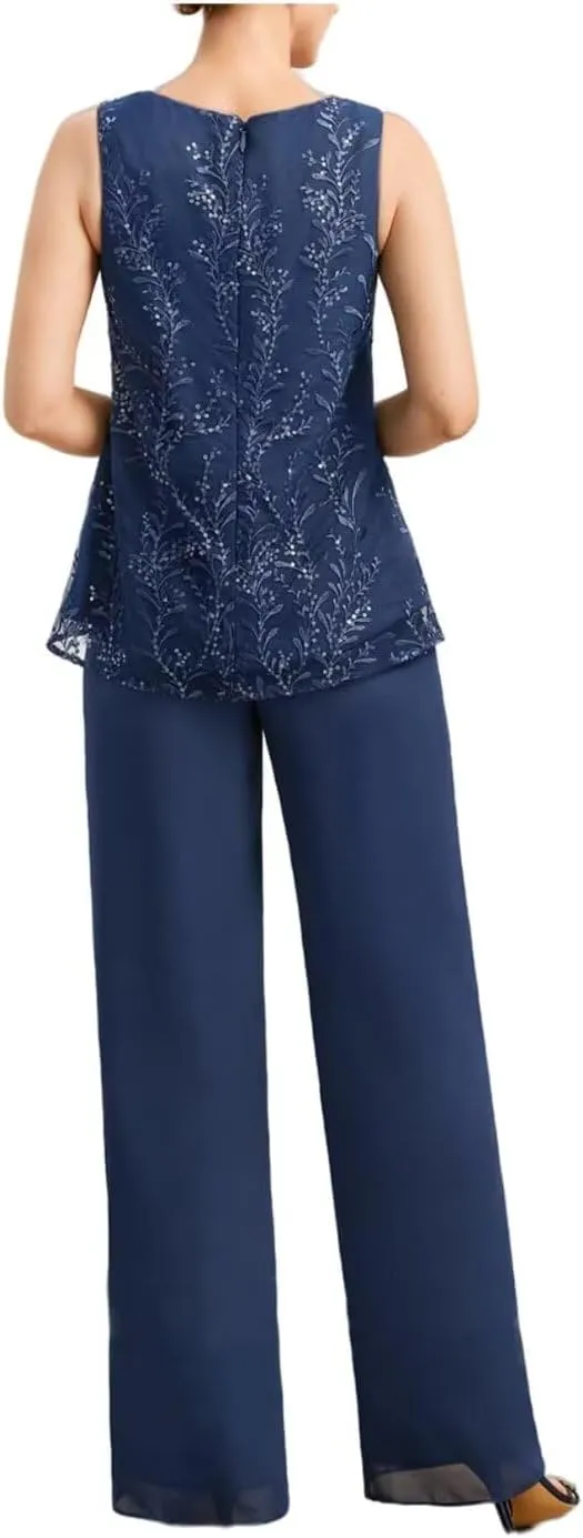 3 Pcs Mother of The Bride Pantsuits with Jacket Lace Applique Formal Pant Suit with Sleeves