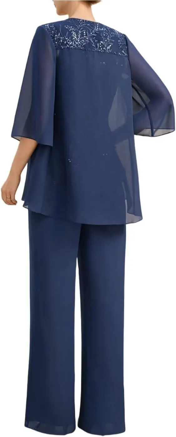 3 Pcs Mother of The Bride Pantsuits with Jacket Lace Applique Formal Pant Suit with Sleeves