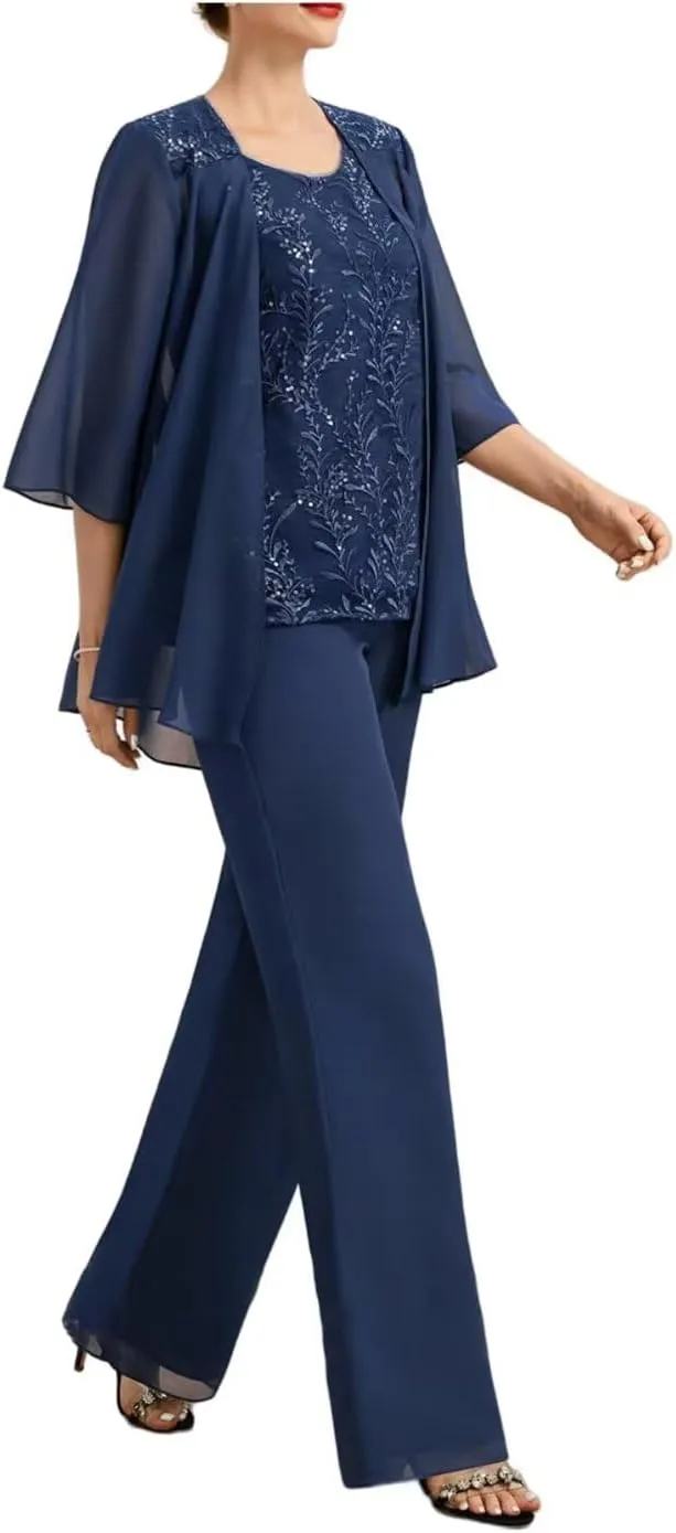 3 Pcs Mother of The Bride Pantsuits with Jacket Lace Applique Formal Pant Suit with Sleeves