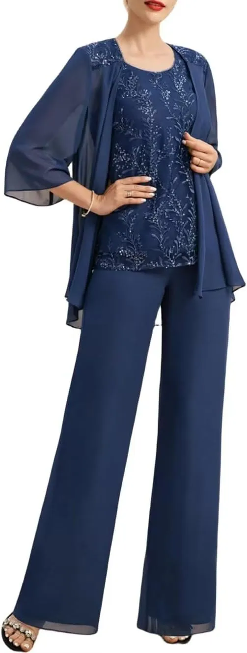 3 Pcs Mother of The Bride Pantsuits with Jacket Lace Applique Formal Pant Suit with Sleeves