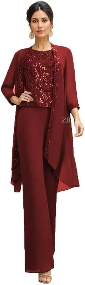 3 Pieces Mother of The Bride Pantsuits for Wedding Lace Applique Chiffon Formal Outfits with Jacket