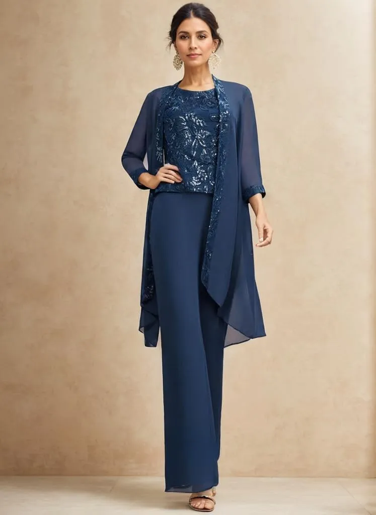 3 Pieces Mother of The Bride Pantsuits for Wedding Lace Applique Chiffon Formal Outfits with Jacket