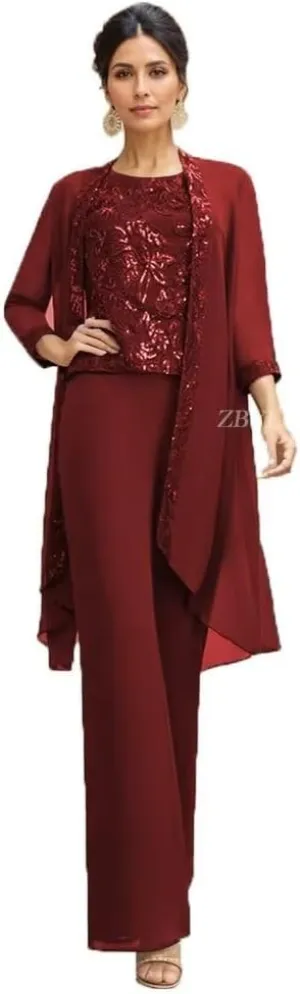 3 Pieces Mother of The Bride Pantsuits for Wedding Lace Applique Chiffon Formal Outfits with Jacket