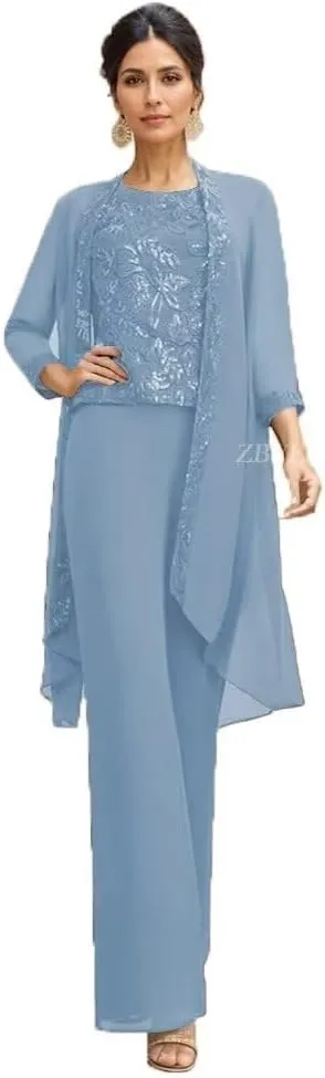 3 Pieces Mother of The Bride Pantsuits for Wedding Lace Applique Chiffon Formal Outfits with Jacket