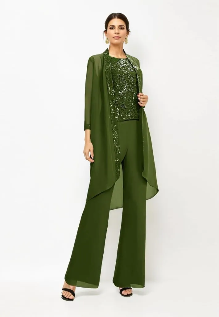 3 Pieces Mother of The Bride Pantsuits for Wedding Lace Applique Chiffon Formal Outfits with Jacket