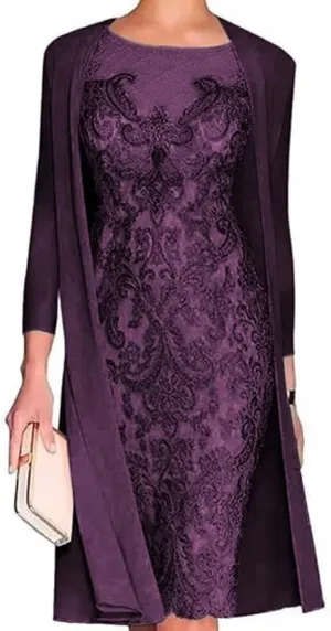 3/4 Sleeves Mother of The Bride Dresses for Wedding with Jacket 2 Piece Laces Chiffon Formal Evening Party Gowns Plum