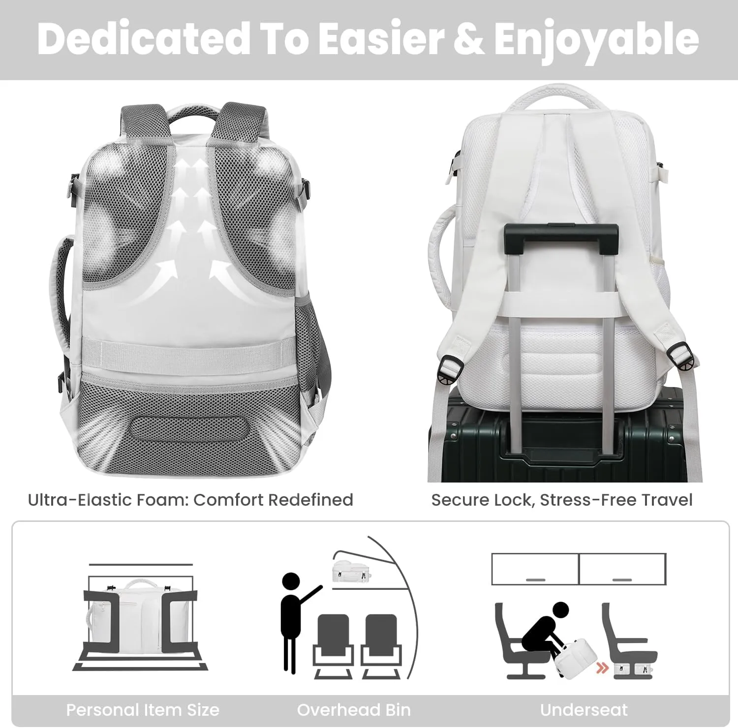 35L Travel Backpack | 180 All-Open Design | Multi-Pockets | Airline Approved Carry on |15.6 inch Laptop Compartment | USB Port |Perfect for Travel Business College Bookbags | For Men Women , White