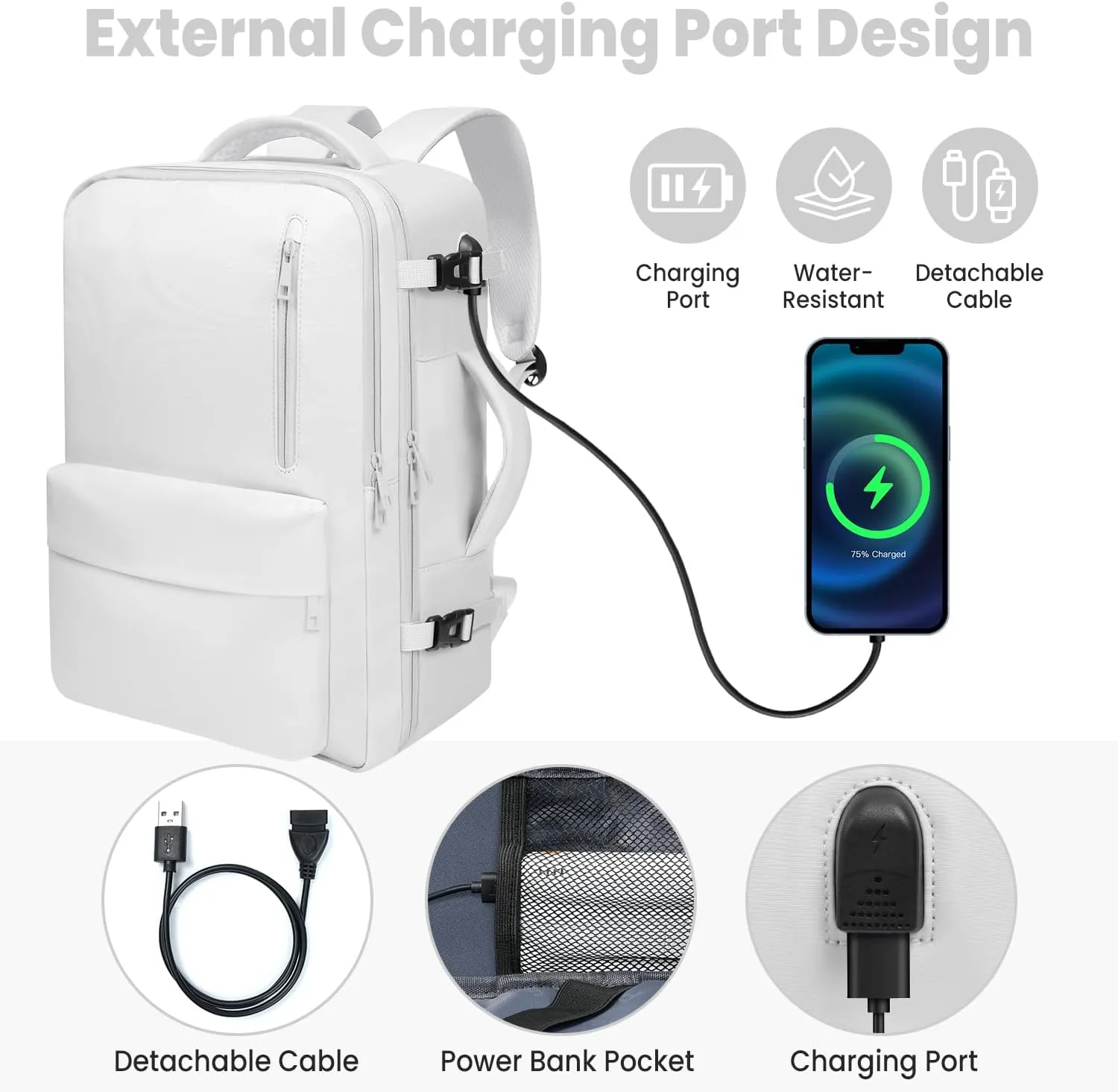 35L Travel Backpack | 180 All-Open Design | Multi-Pockets | Airline Approved Carry on |15.6 inch Laptop Compartment | USB Port |Perfect for Travel Business College Bookbags | For Men Women , White