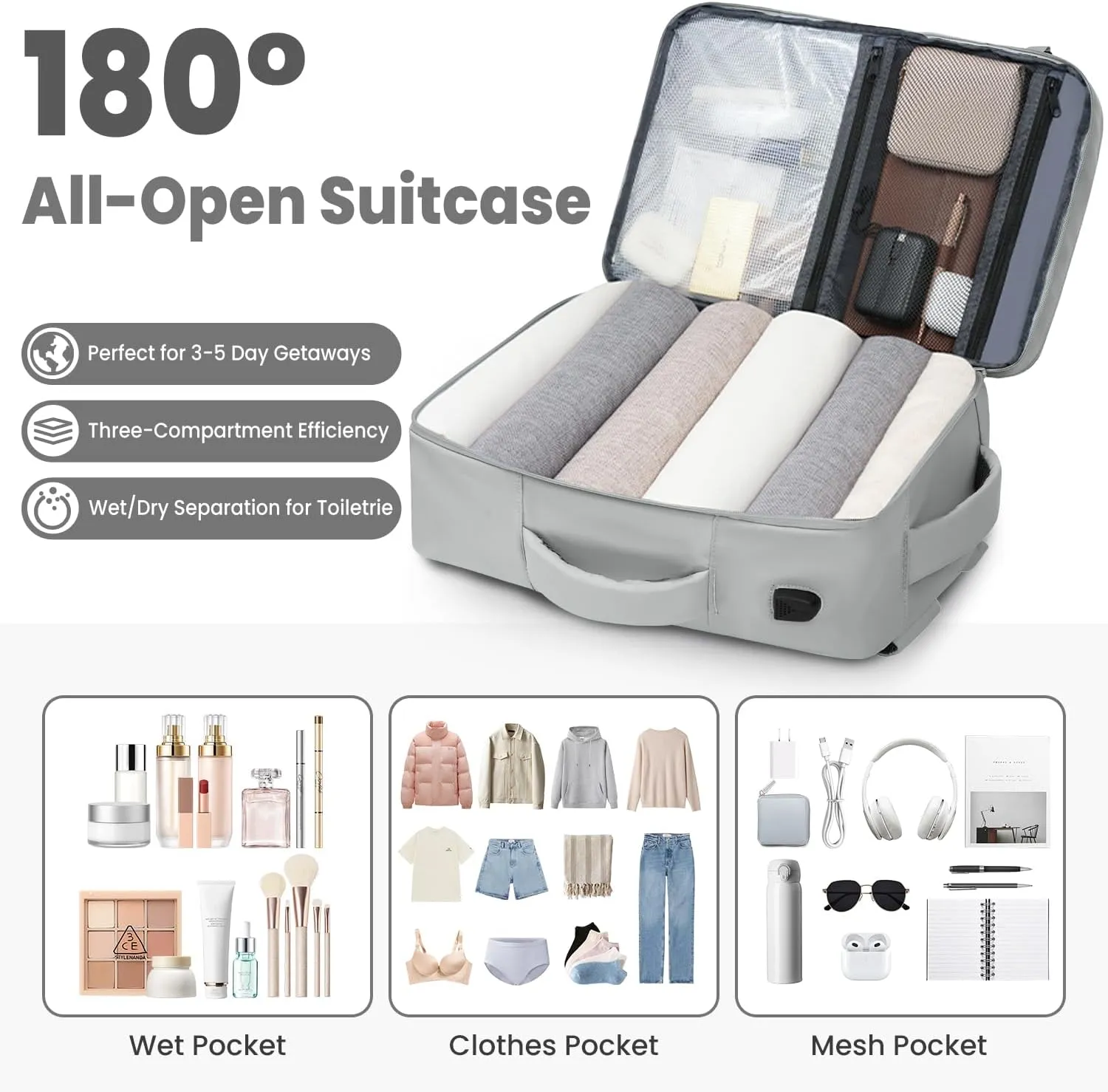 35L Travel Backpack | 180 All-Open Design | Multi-Pockets | Airline Approved Carry on |15.6 inch Laptop Compartment |USB Port |Perfect for Travel Business College Bookbags |Men Women Dark Grey