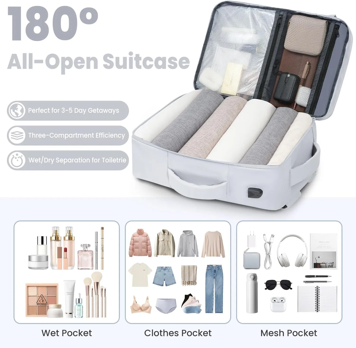 35L Travel Backpack | 180 All-Open Design | Multi-Pockets | Airline Approved Carry on |15.6 inch Laptop Compartment | USB Port |Perfect for Travel Business College Bookbags |Men Women, Grey