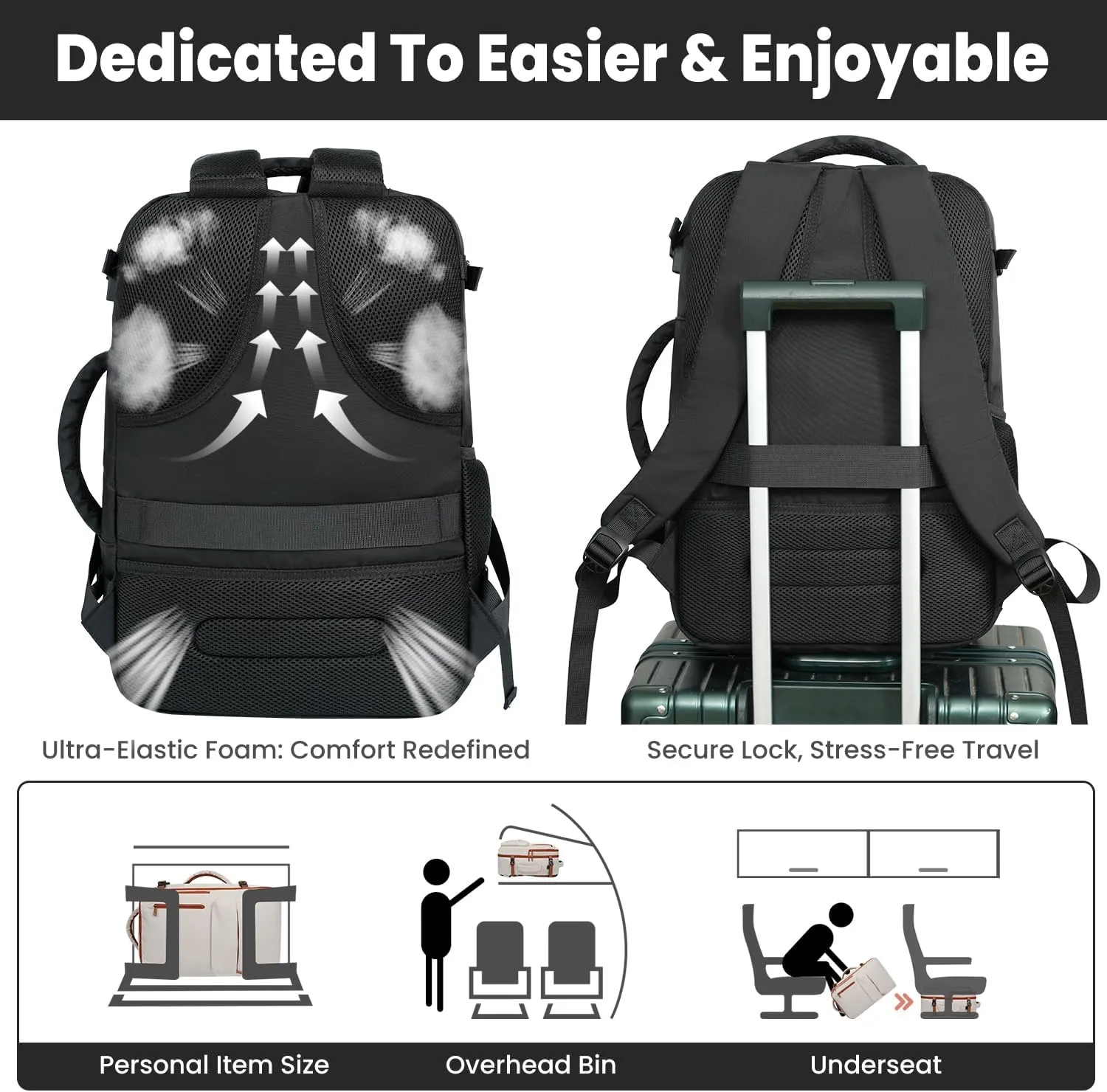 35L Travel Backpack | 180 All-Open Design | Multi-Pockets | Airline Approved Carry on |15.6 inch Laptop Compartment | USB Port |Perfect for Travel Business College Bookbags |Men Women,Black