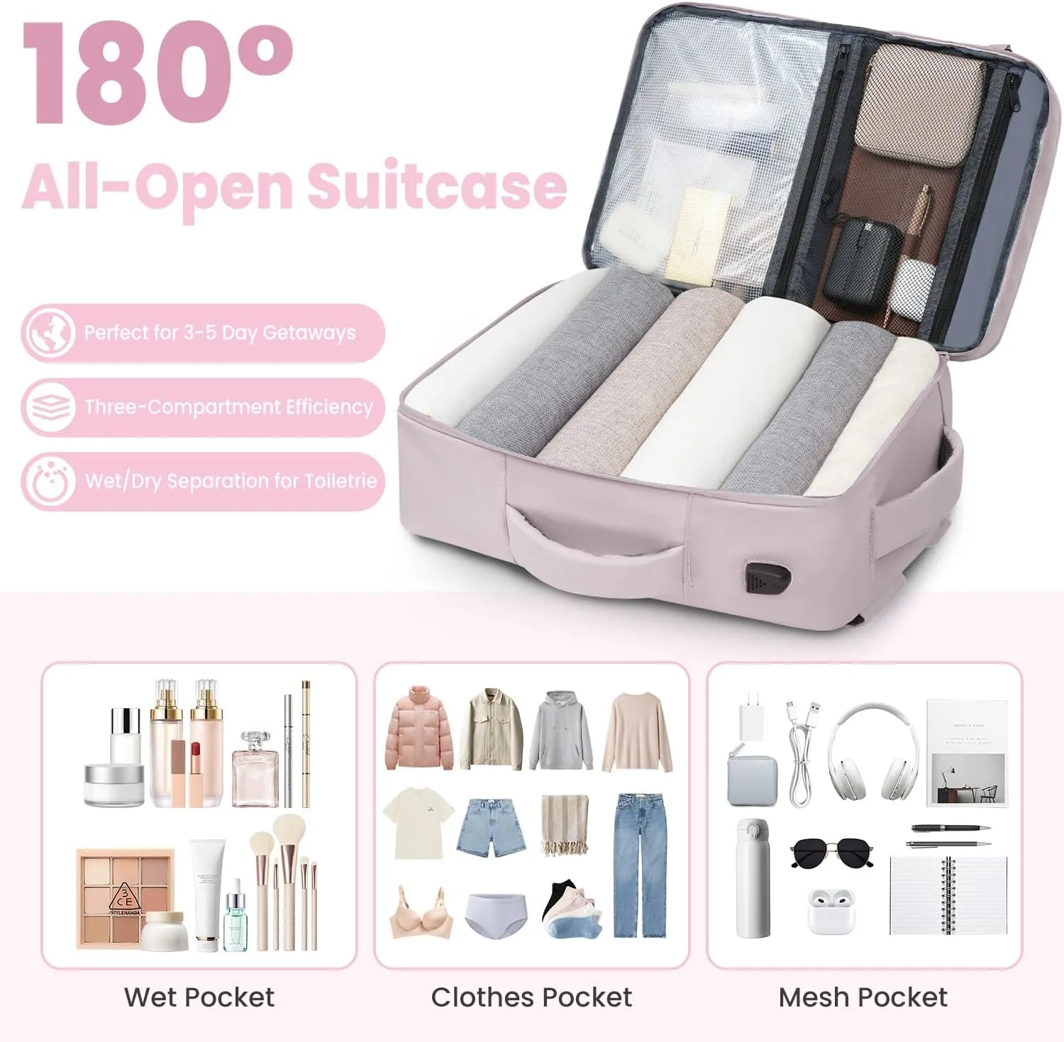 35L Travel Backpack | 180 All-Open Design | Multi-Pockets | Airline Approved Carry on |15.6 inch Laptop Compartment |USB Port |Perfect for Travel Business College Bookbags|Men Women,Dark Pink