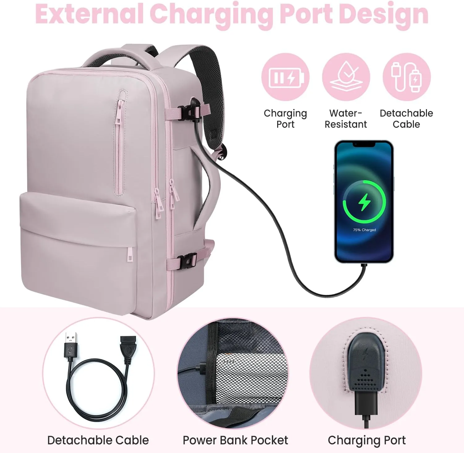 35L Travel Backpack | 180 All-Open Design | Multi-Pockets | Airline Approved Carry on |15.6 inch Laptop Compartment |USB Port |Perfect for Travel Business College Bookbags|Men Women,Dark Pink