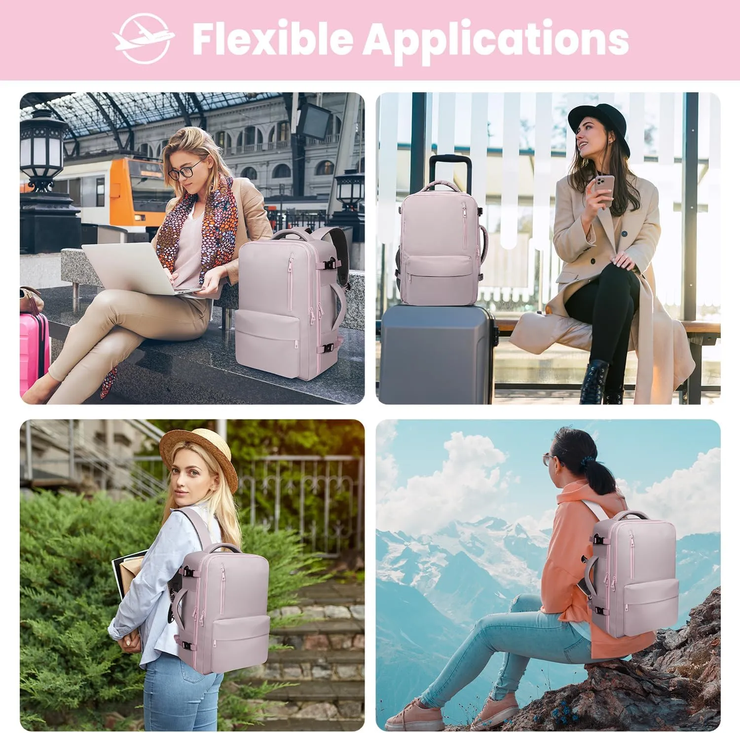 35L Travel Backpack | 180 All-Open Design | Multi-Pockets | Airline Approved Carry on |15.6 inch Laptop Compartment |USB Port |Perfect for Travel Business College Bookbags|Men Women,Dark Pink