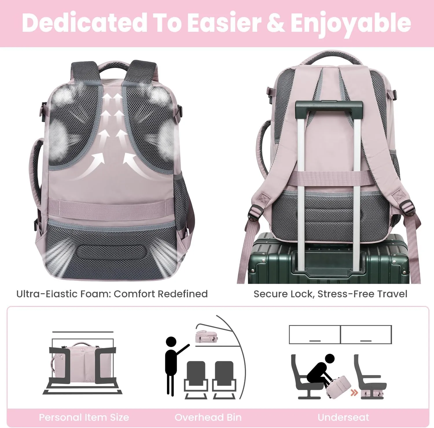 35L Travel Backpack | 180 All-Open Design | Multi-Pockets | Airline Approved Carry on |15.6 inch Laptop Compartment |USB Port |Perfect for Travel Business College Bookbags|Men Women,Dark Pink