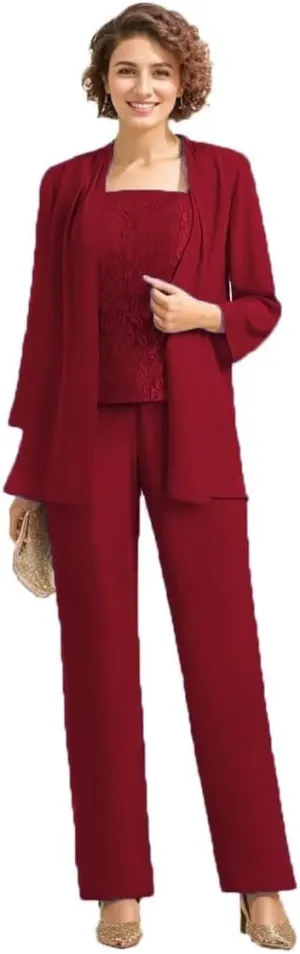 3Pcs Mother of The Bride Dress Pantsuit for Wedding Long Sleeve Formal Pant Suit with Jacket