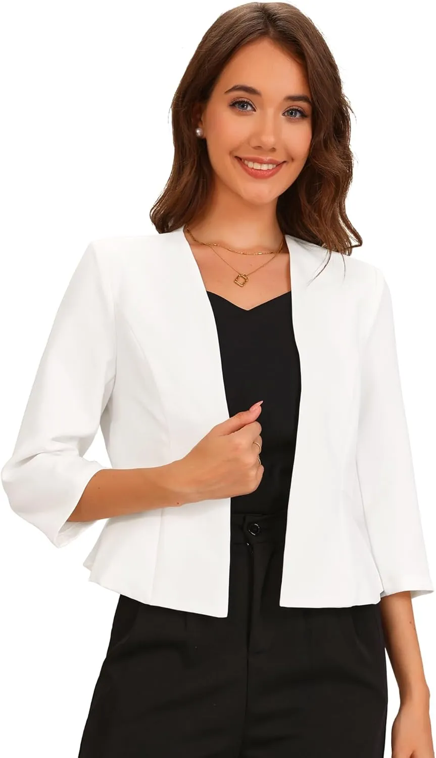 Allegra K Elegant Blazer for Women's Open Front Collarless 3/4 Sleeve Peplum Business Work Suit Jacket