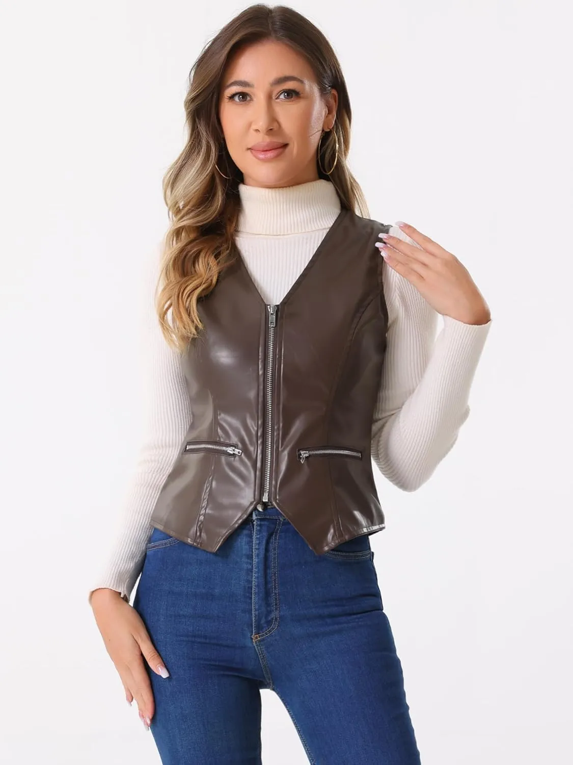 Allegra K Women's Faux Leather Waistcoat V Neck Sleeveless Zipper Motorcycle Biker Vintage Vest Jacket
