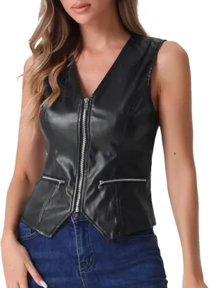 Allegra K Women's Faux Leather Waistcoat V Neck Sleeveless Zipper Motorcycle Biker Vintage Vest Jacket