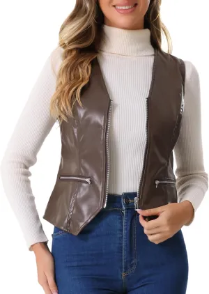 Allegra K Women's Faux Leather Waistcoat V Neck Sleeveless Zipper Motorcycle Biker Vintage Vest Jacket