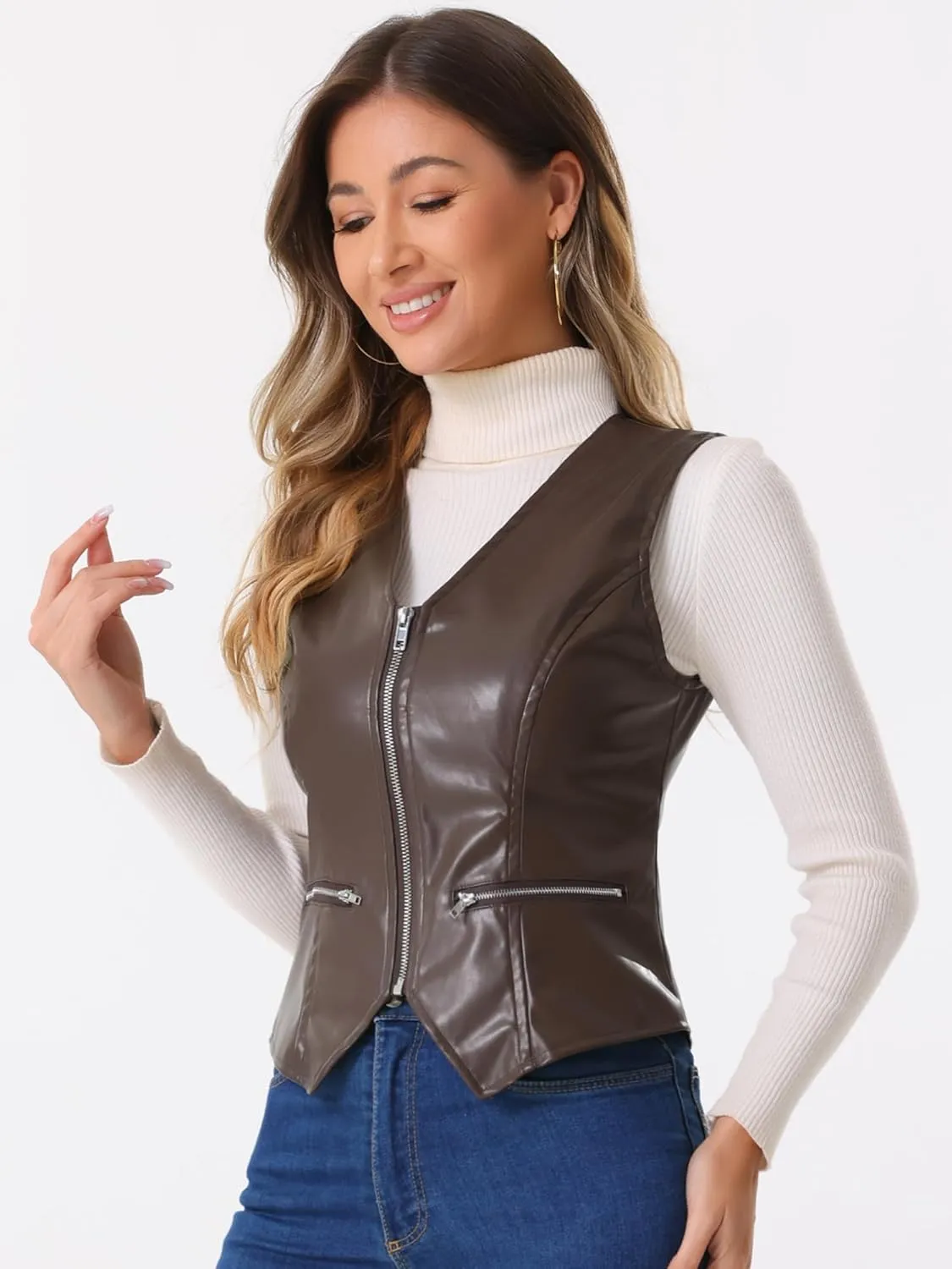 Allegra K Women's Faux Leather Waistcoat V Neck Sleeveless Zipper Motorcycle Biker Vintage Vest Jacket