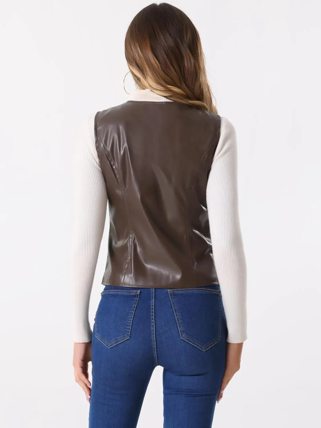 Allegra K Women's Faux Leather Waistcoat V Neck Sleeveless Zipper Motorcycle Biker Vintage Vest Jacket
