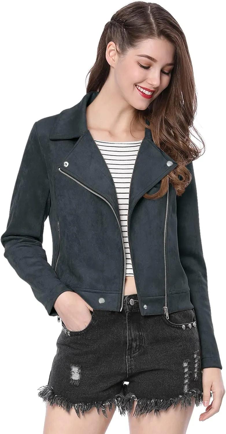 Allegra K Women's Short Soft Zip Up Faux Suede Biker Moto Jacket