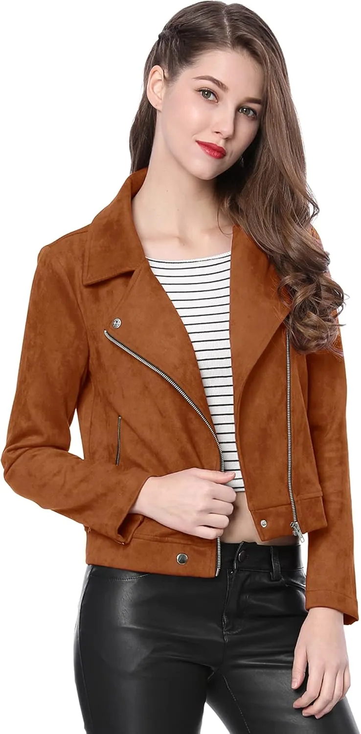 Allegra K Women's Short Soft Zip Up Faux Suede Biker Moto Jacket