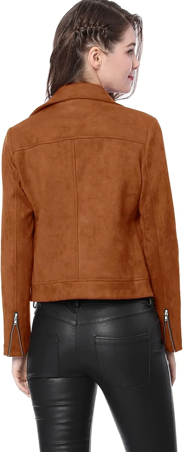 Allegra K Women's Short Soft Zip Up Faux Suede Biker Moto Jacket
