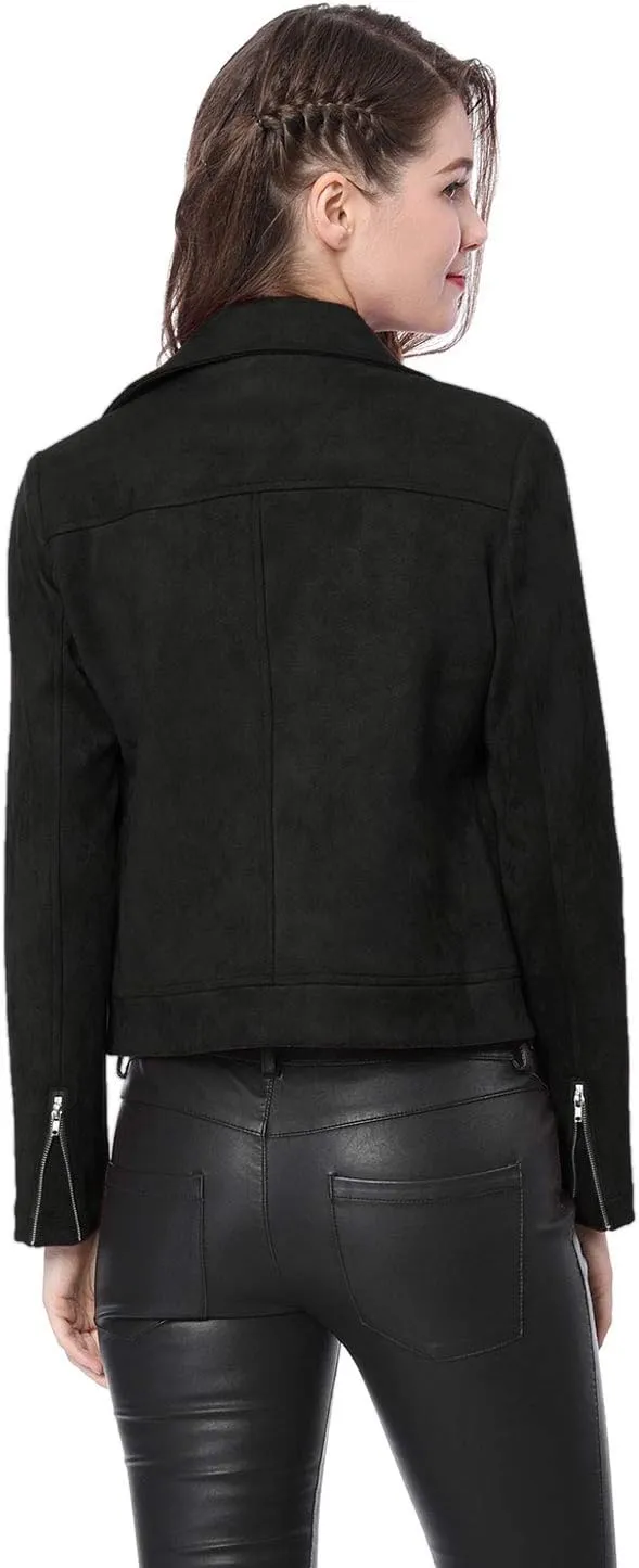 Allegra K Women's Short Soft Zip Up Faux Suede Biker Moto Jacket