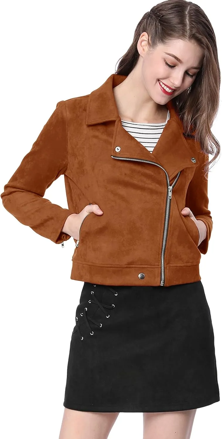 Allegra K Women's Short Soft Zip Up Faux Suede Biker Moto Jacket