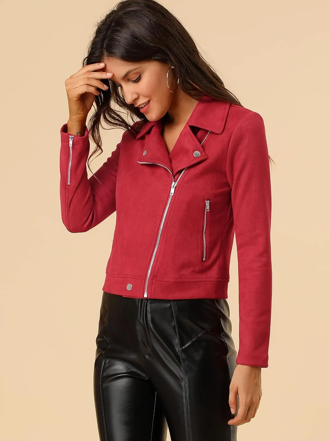 Allegra K Women's Short Soft Zip Up Faux Suede Biker Moto Jacket