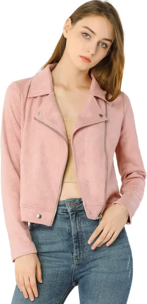 Allegra K Women's Short Soft Zip Up Faux Suede Biker Moto Jacket