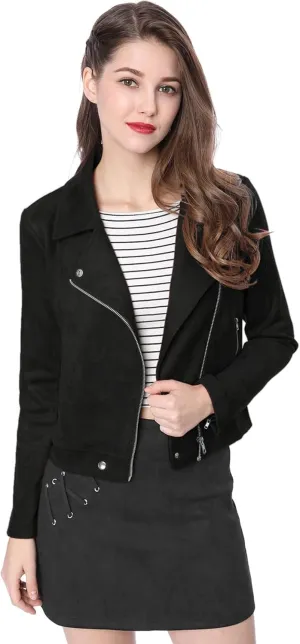 Allegra K Women's Short Soft Zip Up Faux Suede Biker Moto Jacket