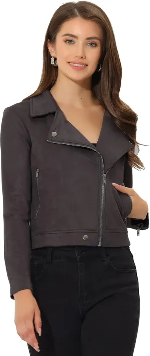 Allegra K Women's Short Soft Zip Up Faux Suede Biker Moto Jacket