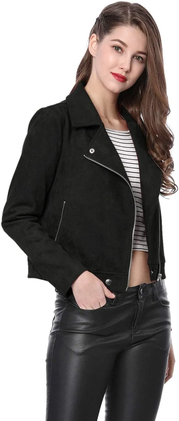 Allegra K Women's Short Soft Zip Up Faux Suede Biker Moto Jacket