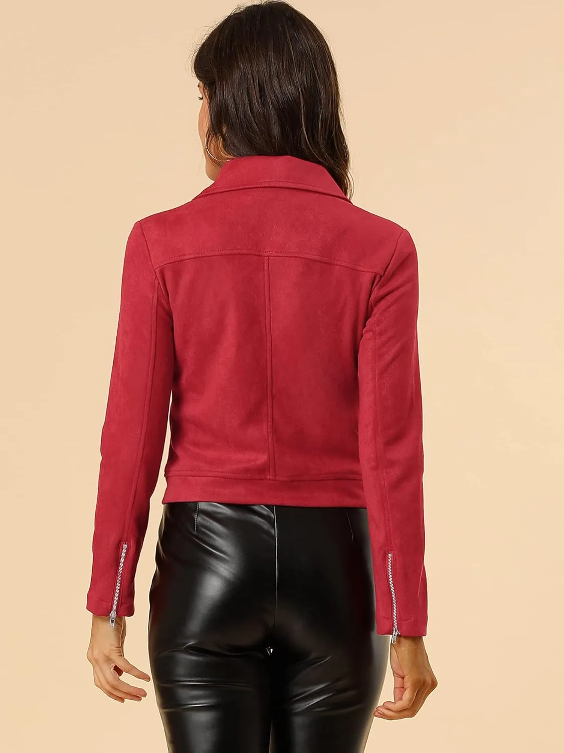 Allegra K Women's Short Soft Zip Up Faux Suede Biker Moto Jacket