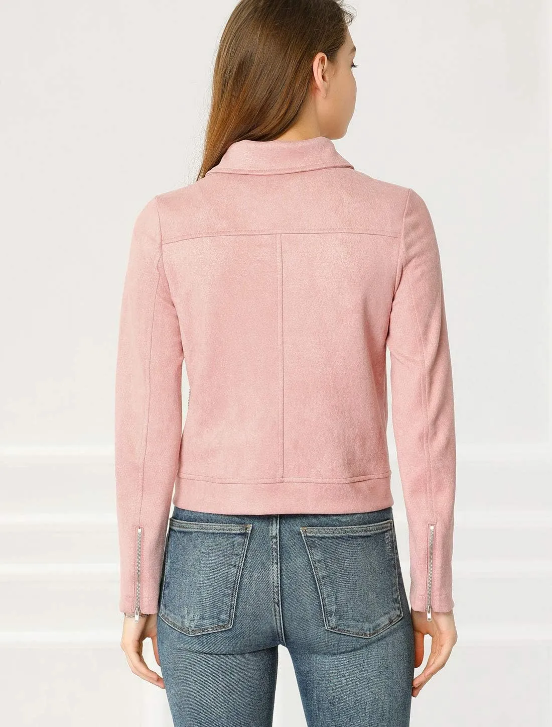 Allegra K Women's Short Soft Zip Up Faux Suede Biker Moto Jacket