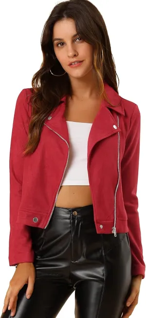 Allegra K Women's Short Soft Zip Up Faux Suede Biker Moto Jacket